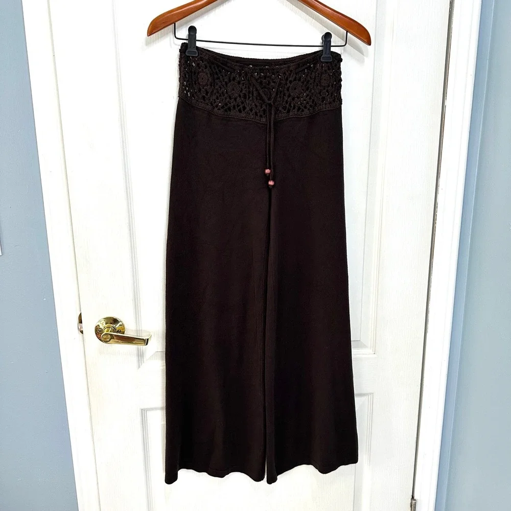 Espresso Brown Crochet Lace Waist Wide Leg Knit Pants Boho Drawstring Medium